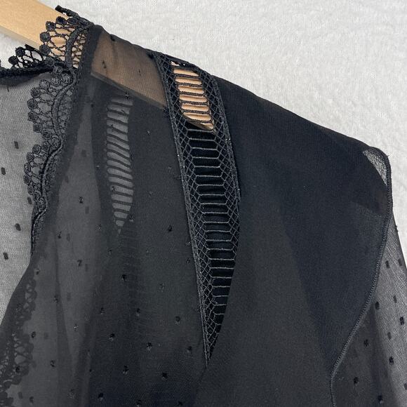 INTERMIX Top S Silk Chiffon Sheer Swiss Dot V-Neck Ruffle Long Sleeve Black - Picture 7 of 11